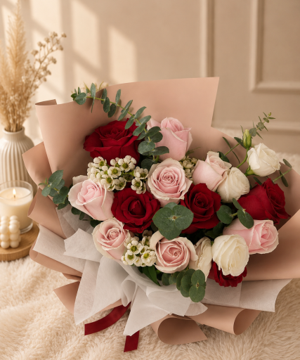 A soft bouquet of blush and cream roses with deep red roses, white waxflower and eucalyptus, wrapped in blush paper and tied with a burgundy ribbon